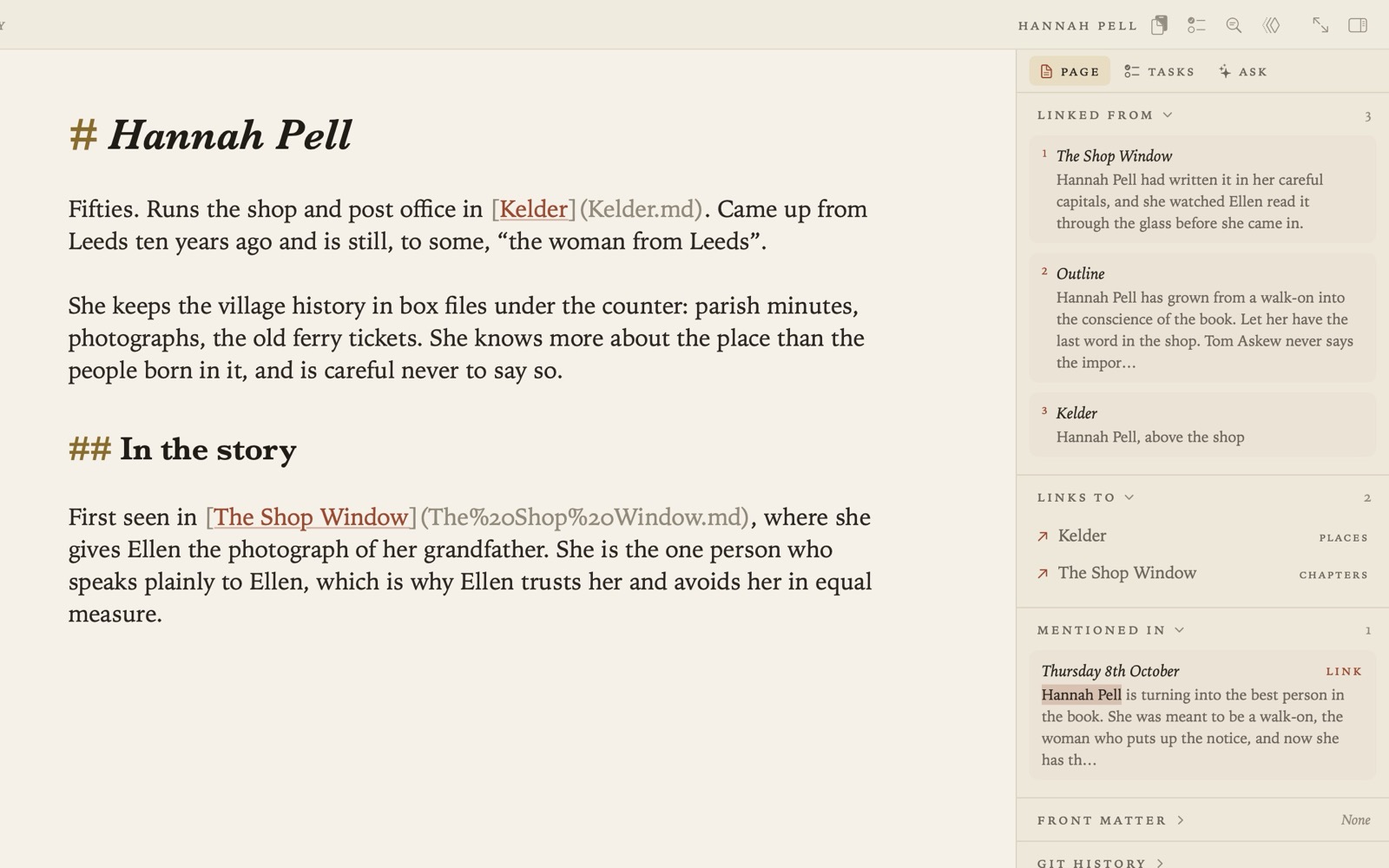 Grasmere with a character document open, its links, and the margin listing what links to it
