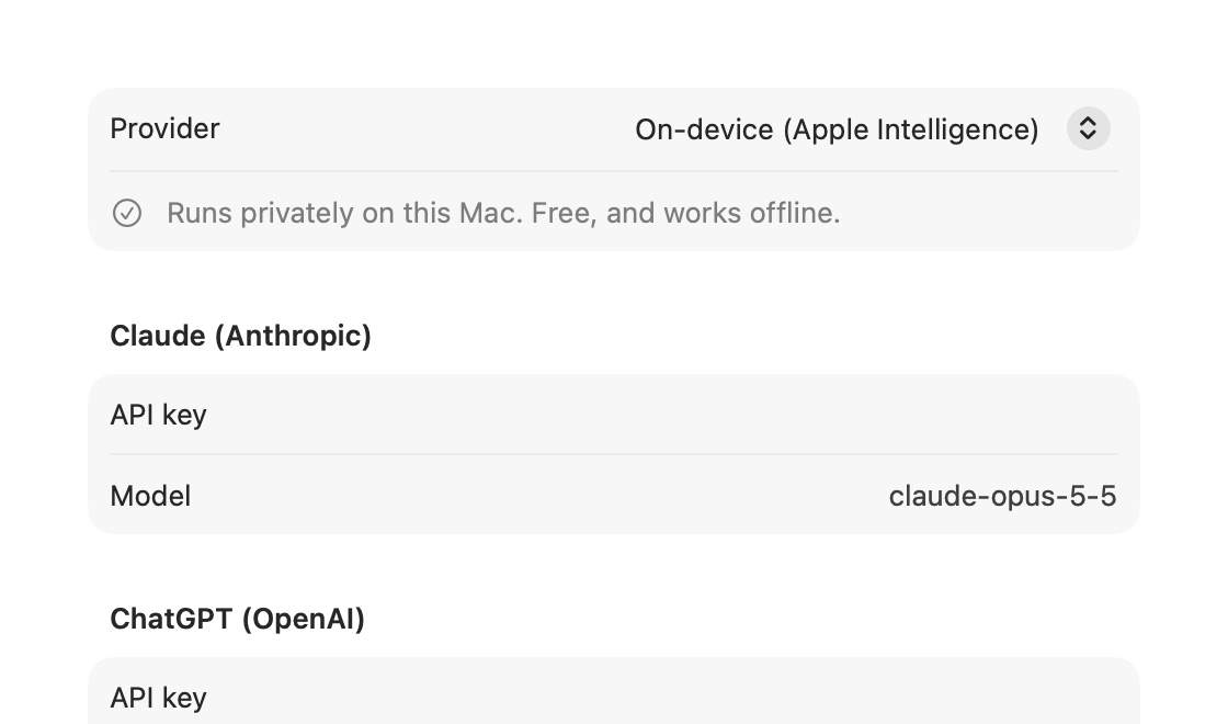 Settings ▸ AI, with the on-device model chosen