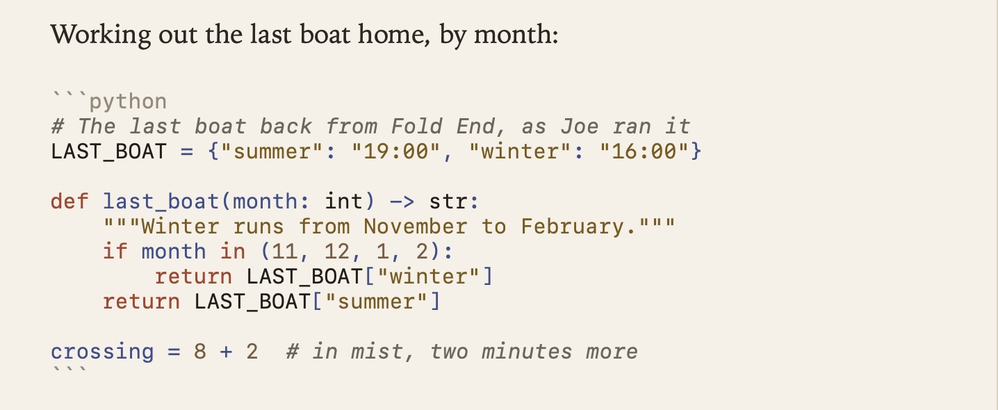A Python code block on the page, its keywords, strings, comments and numbers in the theme’s colours