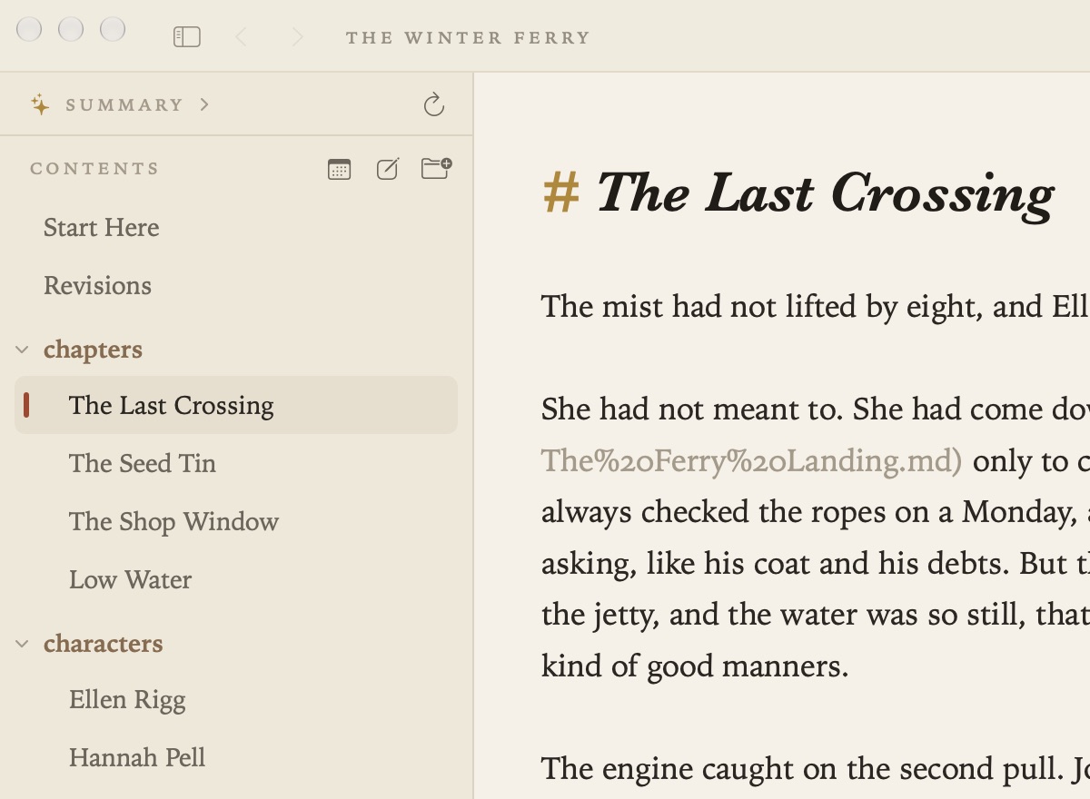 The contents, with the chapters and characters folders open