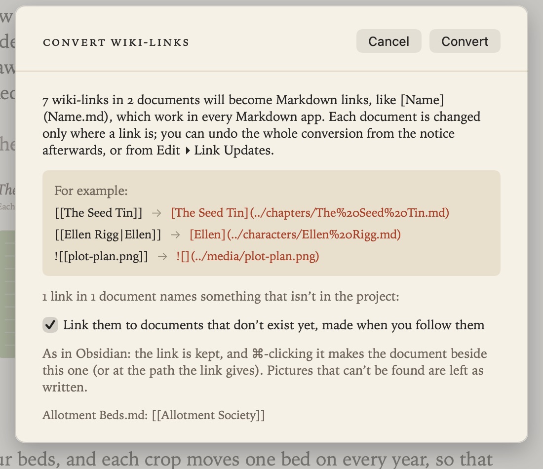 Convert Wiki-Links: how many links in how many documents will change, with examples