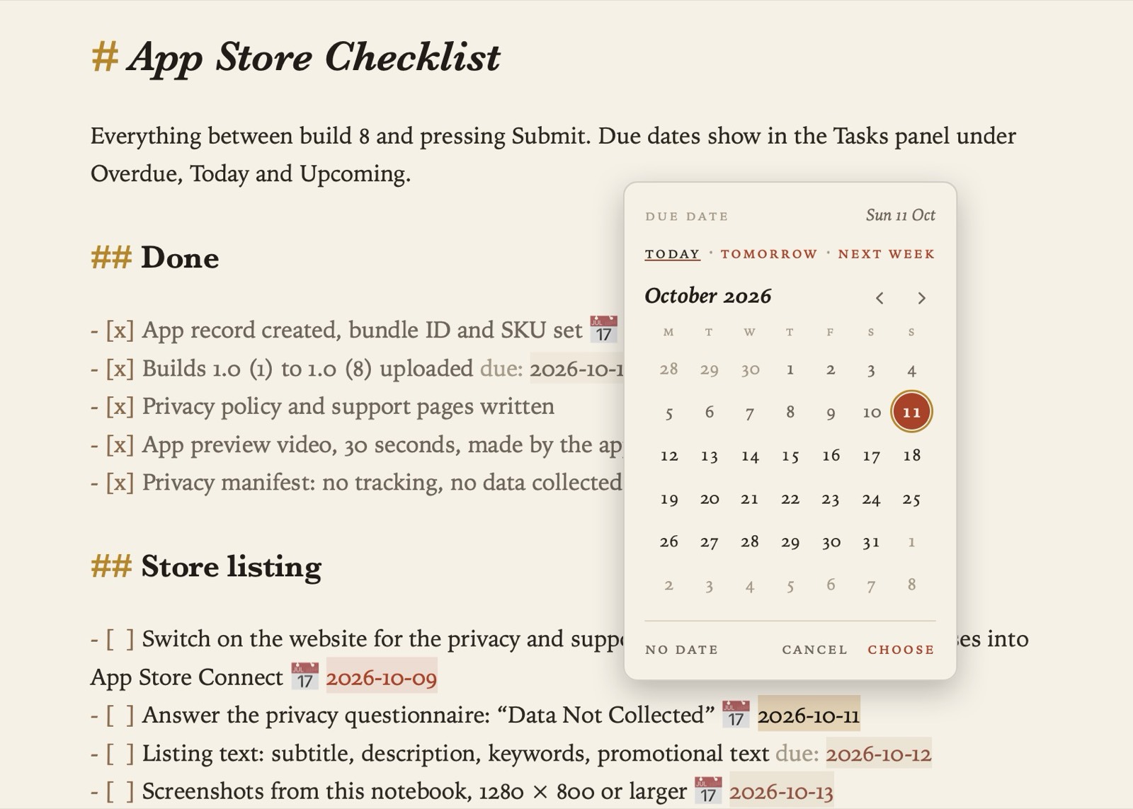 Choosing a new due date from the calendar