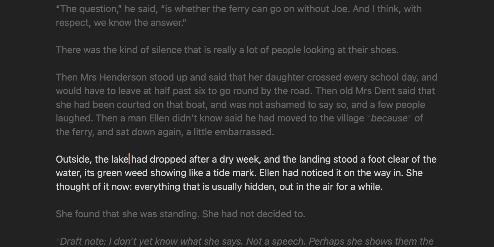 Focus mode in the Graphite theme: all but the current paragraph fades