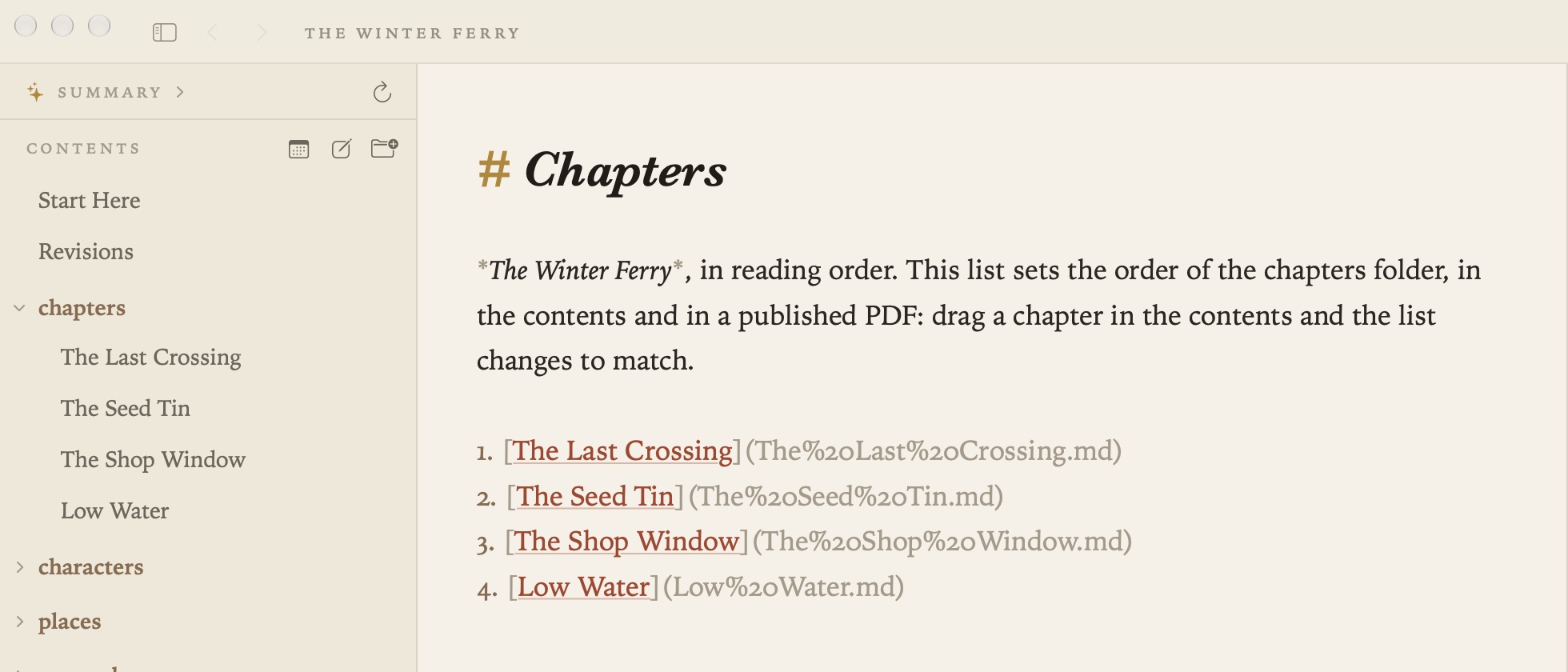 A folder’s index.md setting the order of its chapters
