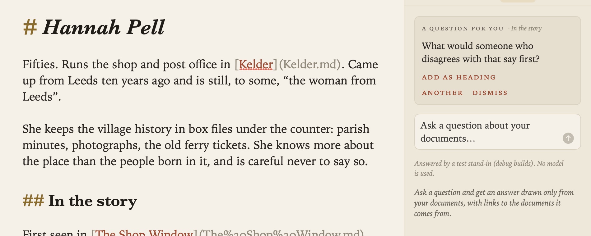 A follow-up question in the margin, with Add as heading, Another and Dismiss