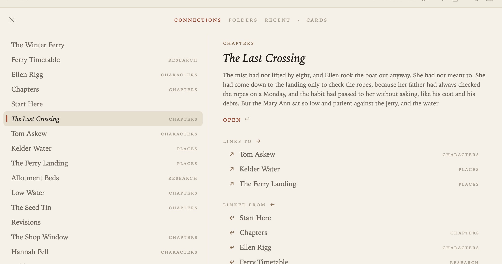 The Index as a list, with the chosen document’s links beside it