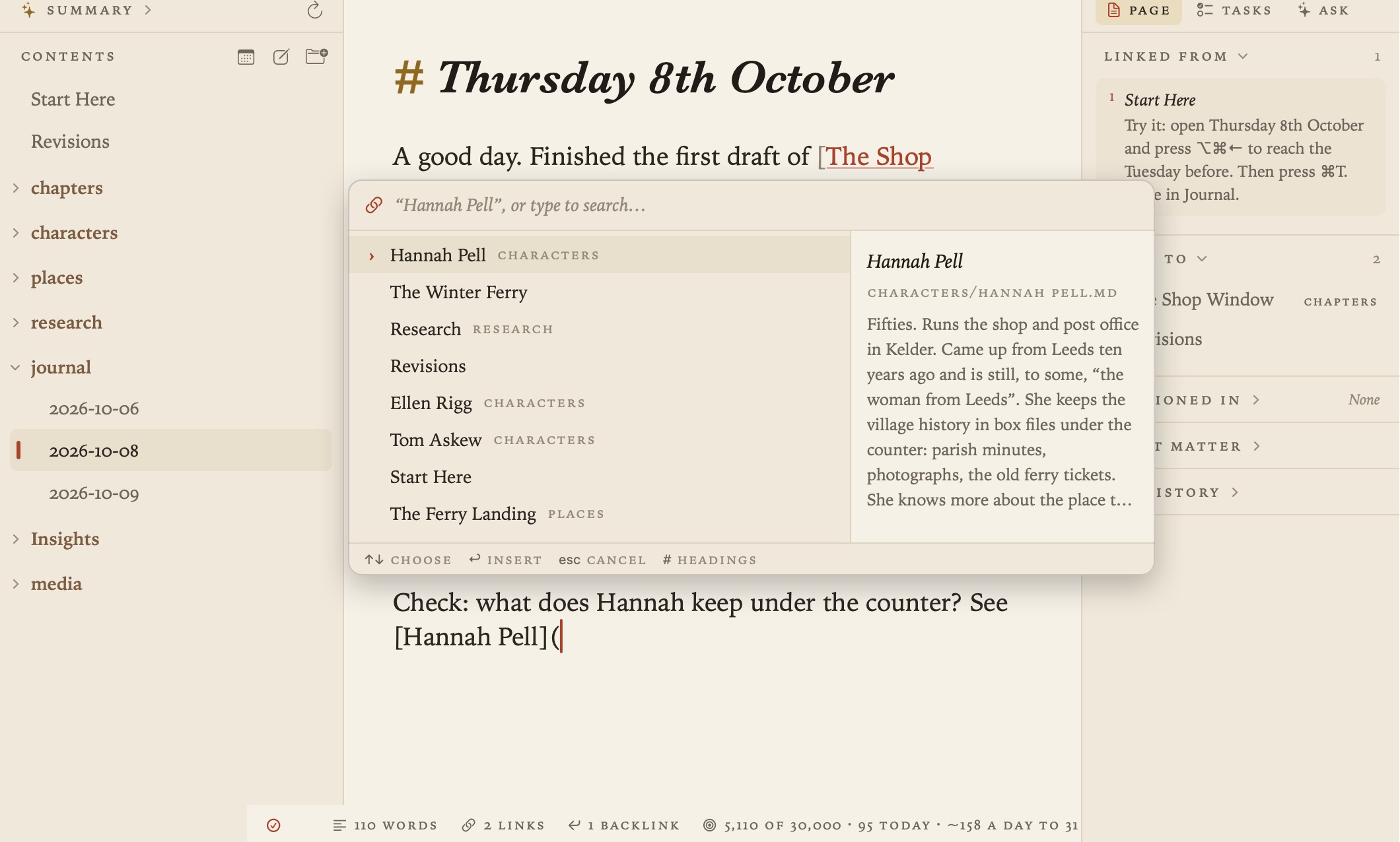 The link picker, with matching documents and a preview of the one highlighted