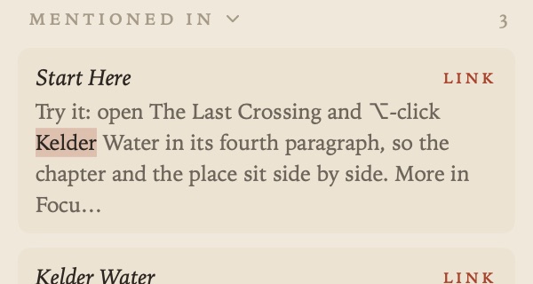 Mentioned in, with a mention ready to link
