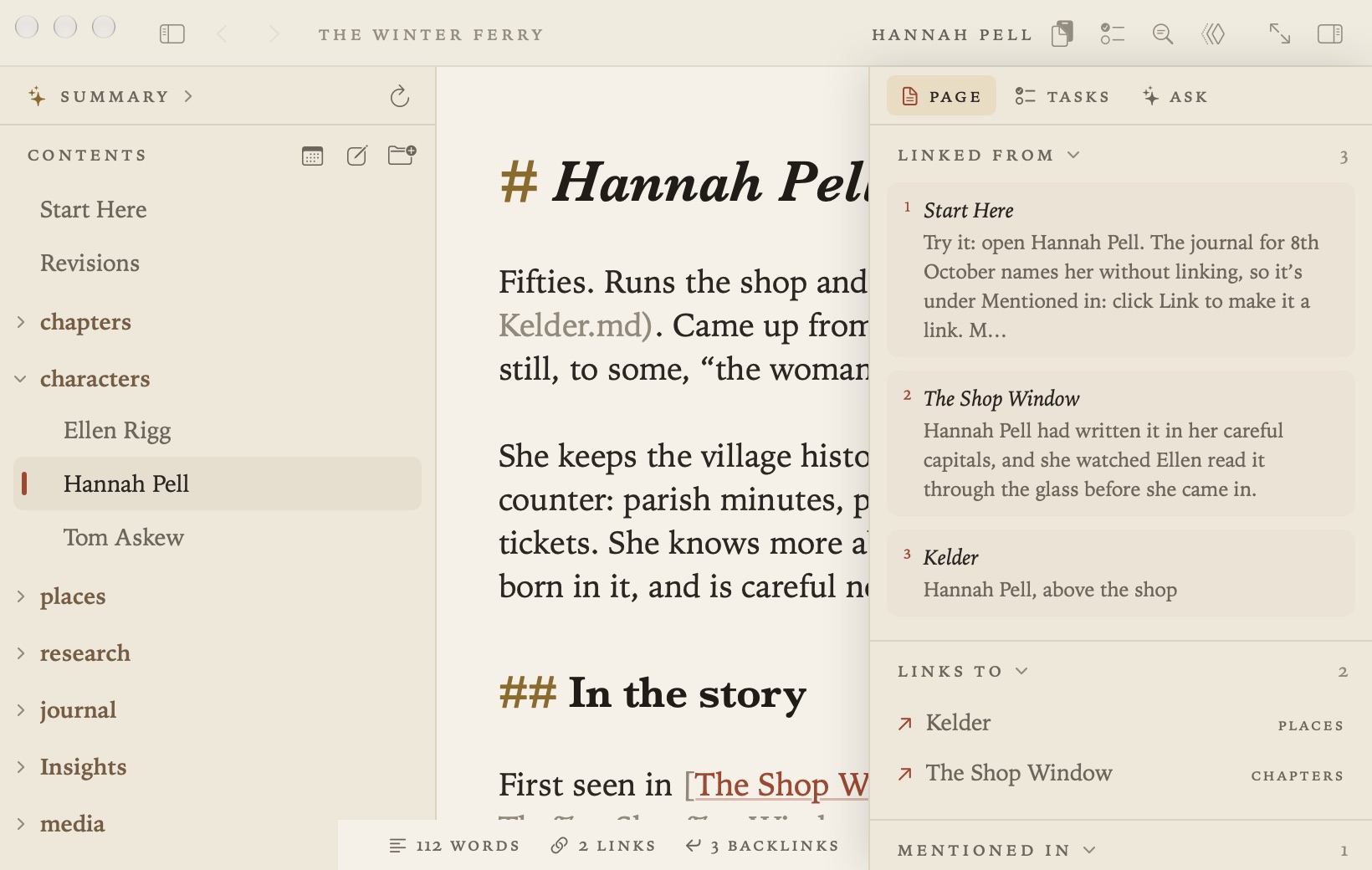 A narrow window with the margin floating over the page