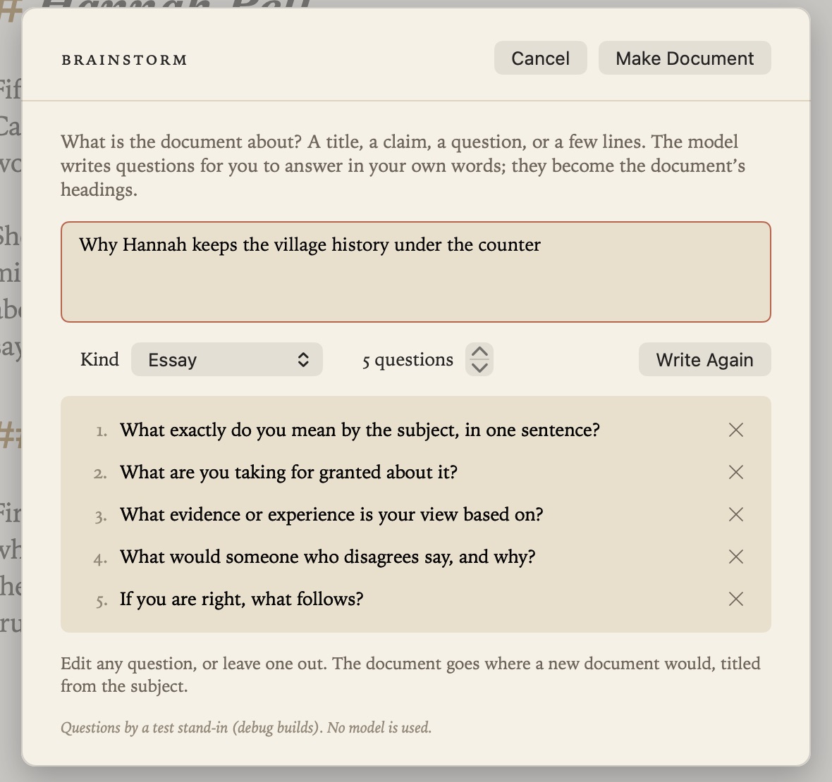 The Brainstorm sheet, with questions written for a subject