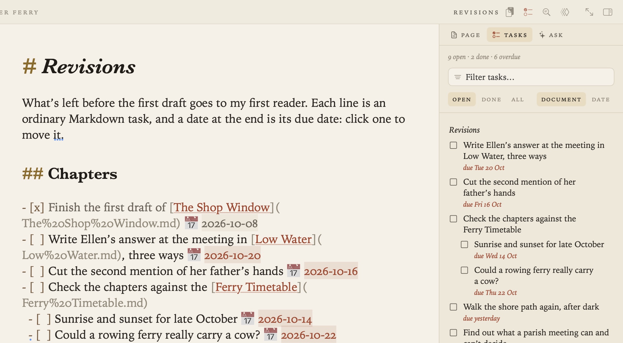A document’s tasks, and every task in the project gathered in the margin