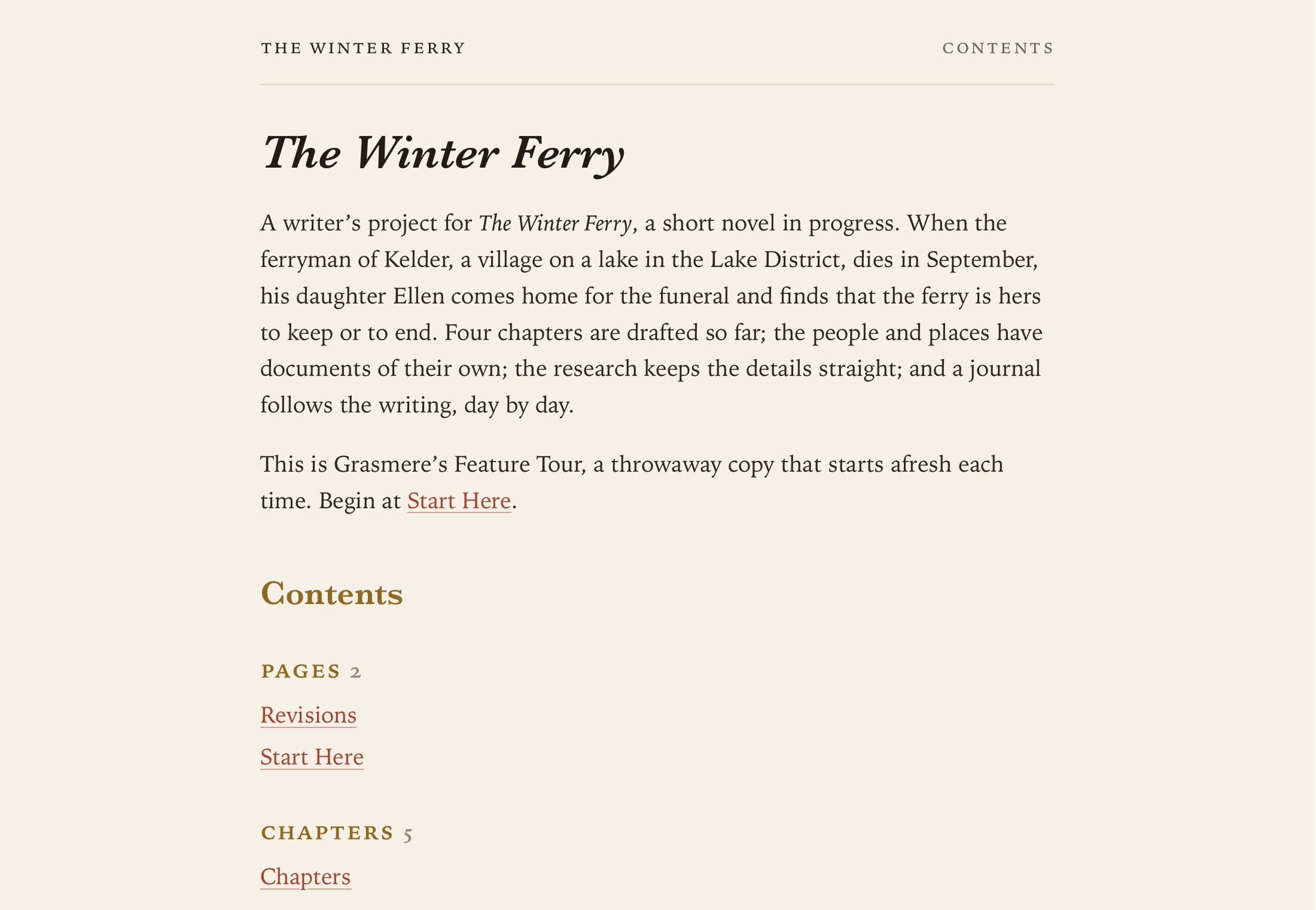 The home page of a website built from a project