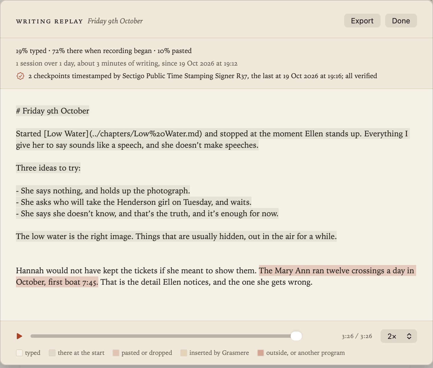 A writing replay: typed text plain, pasted text shaded, and the checkpoints verified at the top